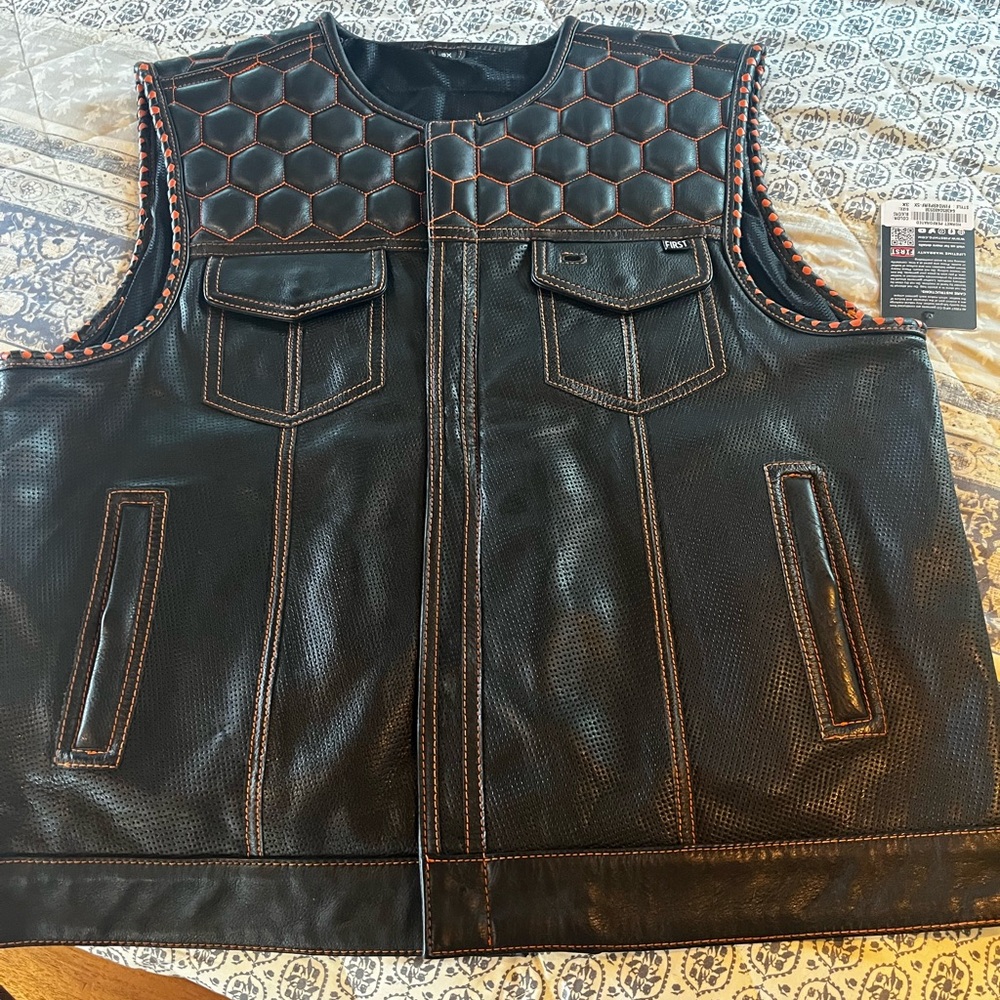 NWT Men’s Black Leather Vest with Orange Stitching